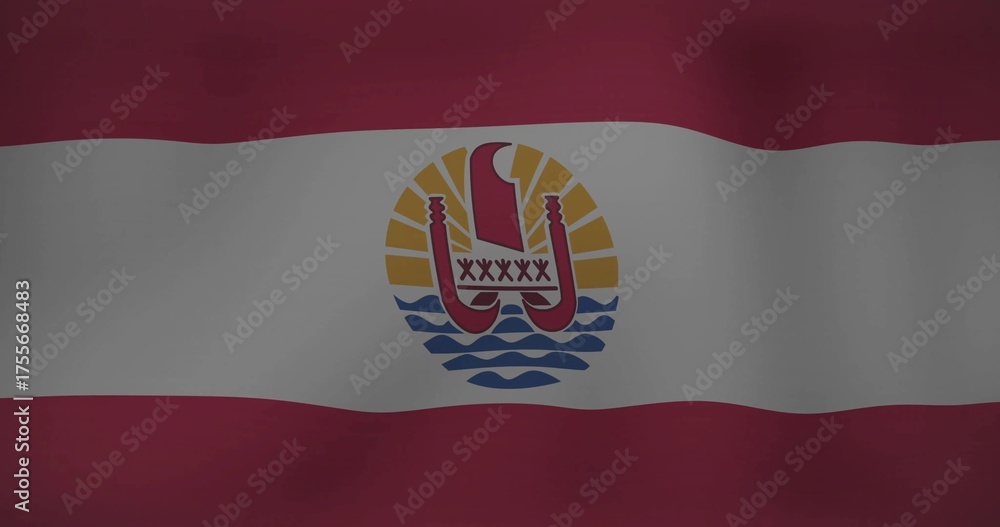 Fototapeta premium Displaying red-white-red triband flag waving on backdrop featuring stylized canoe, waves, sun rays