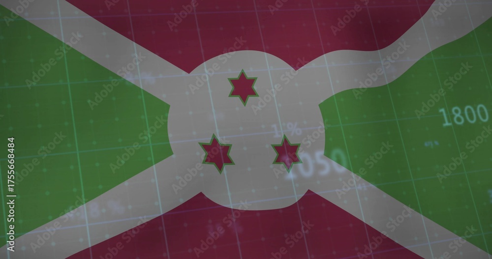 Naklejka premium Displaying Burundi national flag overlaying faint financial gridlines on screen, with data labels