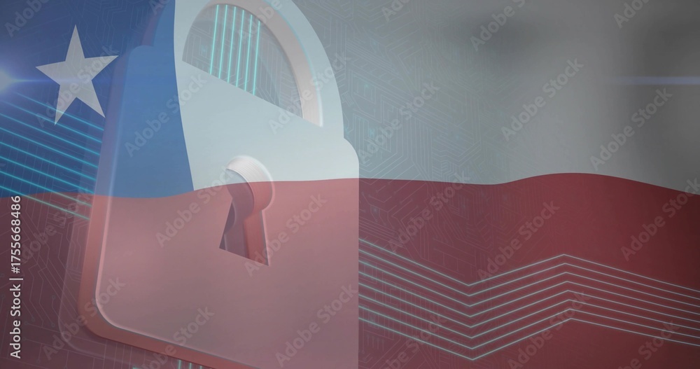 Naklejka premium Displaying padlock icon on digital Chilean flag with circuit-board traces and horizontal neon lines