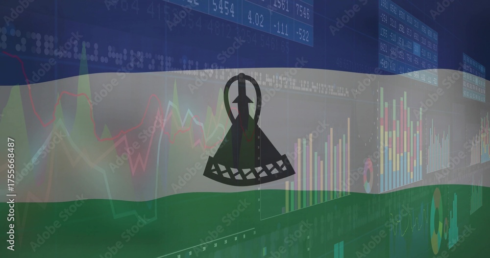 Naklejka premium Waving Lesotho flag in finance display, with mokorotlo hat and financial charts, tickers and grids