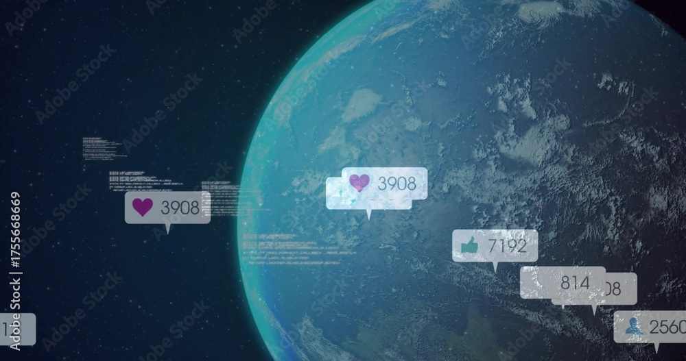 Fototapeta premium Dominating planet Earth hovering against starry space backdrop, with notification bubbles and code