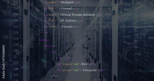 Highlighting aisle between server racks and network cables in data center with HTML code overlay