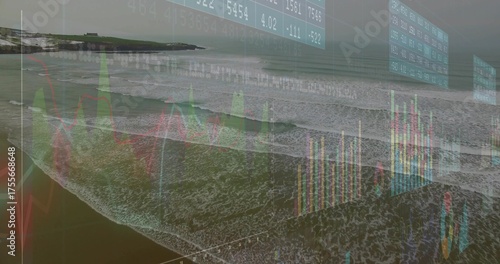 Rolling ocean waves merging on coastal shore, with financial charts, data panels and grid overlays © vectorfusionart