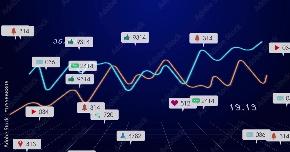 Obraz premium Displaying two fluctuating line graphs on digital dashboard grid floor, with social media icons