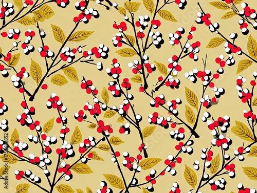 Red and White Small Flowers with Yellow Leaf Pattern on Beige Background, Japanese Art Style Minimalist Design
