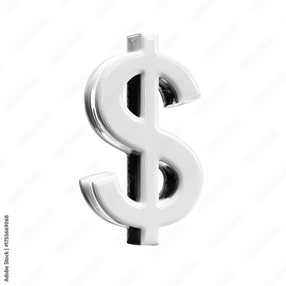 Obraz premium A three-dimensional, metallic silver dollar sign, rendered with a subtle shadow, against a black background
