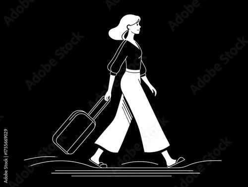 Minimalist vector illustration of fashionable woman with backpack walking at night, flat design with clean lines and dark background