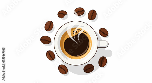 Aromatic Coffee Cup And Scattered Beans Flat Lay Illustration
