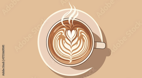 Artistic Latte Art Illustration With Swirling Steam On Neutral Background
