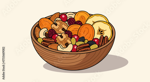 Assorted Dried Fruits And Nuts In Wooden Bowl Illustration