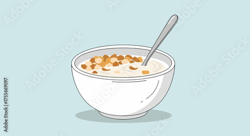 Bowl Of Cereal Cartoon Breakfast With Milk And Spoon Vector