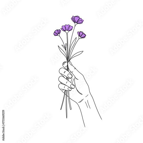 A delicate line art illustration of a hand holding a bunch of purple flowers, isolated on white background, symbolizing beauty, nature, and the simple joys of life