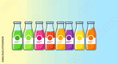 Colorful Cartoon Bottles Of Natural Fruit Juices And Smoothies