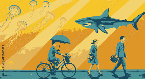 Surreal Cityscape with Shark, Jellyfish, and People