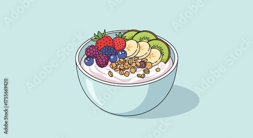 Delicious Cartoon Yogurt Bowl With Fresh Fruits And Granola