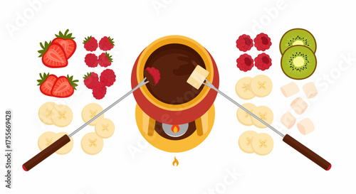 Delicious Chocolate Fondue With Fresh Fruits And Marshmallows Illustration