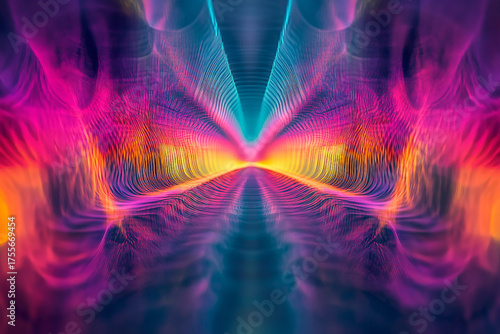Generative AI abstract visualization of colorful sound waves and acoustic data flow with glowing particles in motion across dark background