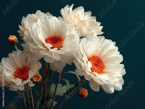 White Daisies Long Stems Macro Photography Dark Background, Ultra Realistic Floral Wallpaper HD Nature Details