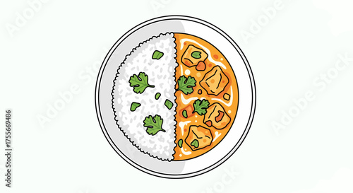 Delicious Curry With Rice, Traditional Asian Meal Illustration