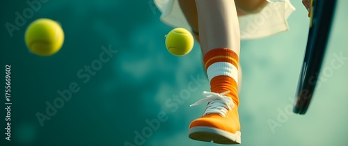 Cinematic close-up of a female tennis player mid-air, wearing a white shirt and skirt, orange and white socks, close-up on foot near lens, racket in hand, tennis ball in air, white background.