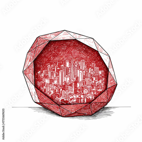 A captivating line art illustration of a city inside a gem, isolated on white background the concept symbolizes the preciousness and beauty of urban life