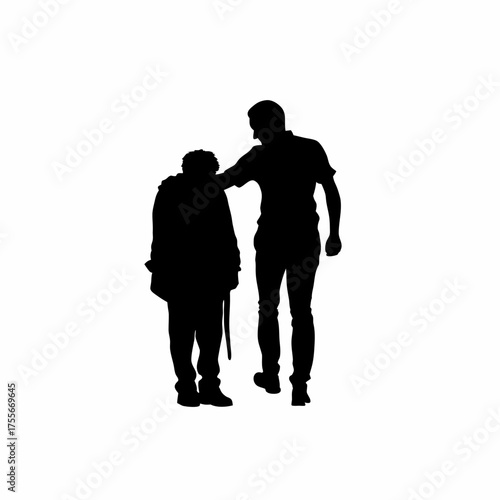Silhouette of a recovery worker comforting a patient during an emotional breakdown isolated on white background