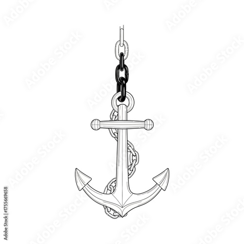 Illustration of a classic anchor with chain, isolated on white background the anchor is drawn in a vintage style, evoking a sense of maritime history and seafaring