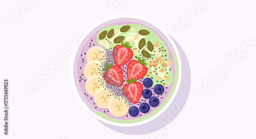 Delicious Smoothie Bowl With Fruits And Seeds Vector Illustration