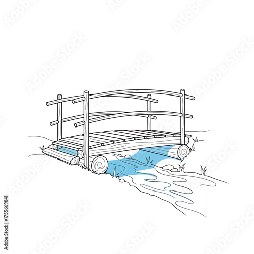 Illustration of a simple wooden bridge over a stream, isolated on white background the bridge is drawn in a vintage style, evoking a sense of rural scenery