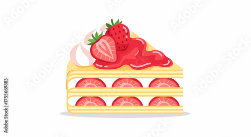 Delicious Strawberry Shortcake Slice Dessert Illustration On White Background