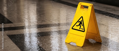The yellow wet floor caution sign standing on glossy wet tiled floor indoors