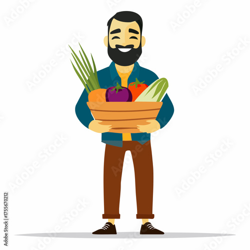 Man holding a basket of fresh vegetables, smiling, cartoon style.