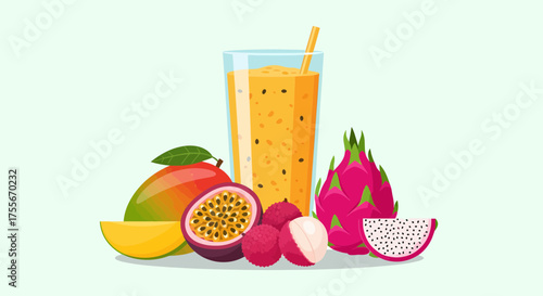 Fresh Tropical Fruits And Smoothie Drink In Glass Illustration