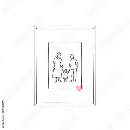 Charming line art illustration of a family portrait in a frame, isolated on white background, perfect for minimalist decor or a heartfelt gift, showcasing love and connection