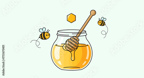 Honey Jar With Honeycomb And Bees Illustration Flat Vector