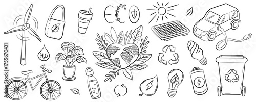 Hand Drawn Eco Doodle Collection — Sustainable Living, Renewable Energy, and Zero Waste Icons