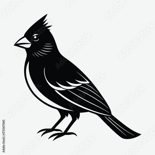 Black cardinal bird silhouette standing profile view detailed feathers vector