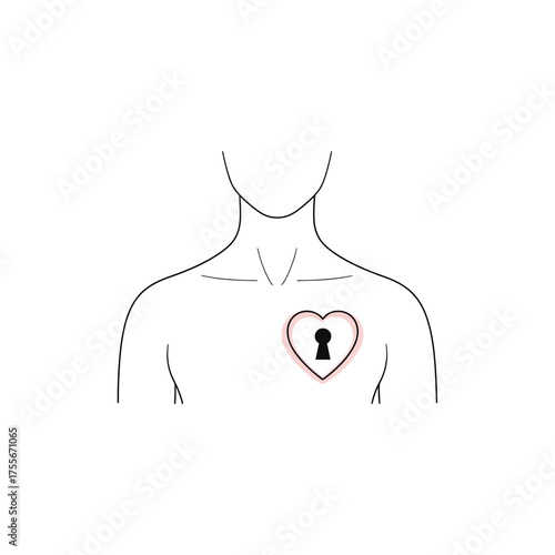 A minimalist illustration of a human torso with a heartshaped lock on the chest, isolated on white background, symbolizing love, vulnerability, and emotional security