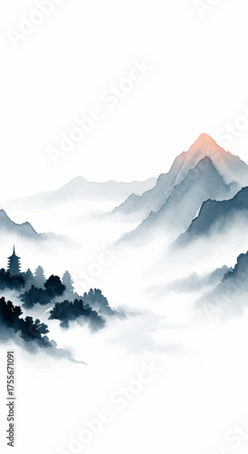 Serene Ink Wash Painting Mountain Peaks and Misty Valleys Landscape