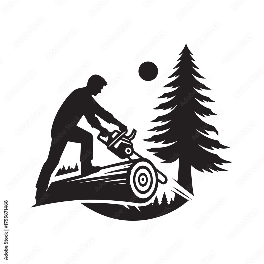 Obraz premium Cartoon vector illustration of a person chopping wood in the middle of the forest in a cool style