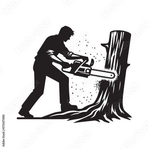 Vector illustration of a person cutting down a tree with a chainsaw, depicting work activities in the forestry or agricultural sector.