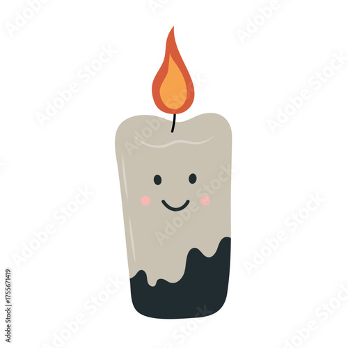 A cute, hand-drawn vector illustration of a two-tone Halloween candle. The lit candle features a happy, smiling face with rosy cheeks. Perfect for festive and spooky designs