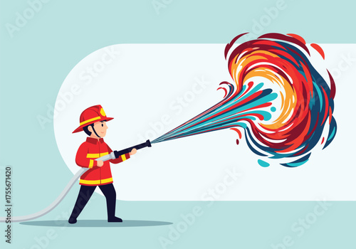A firefighter sprays a colorful blast of water from a hose.