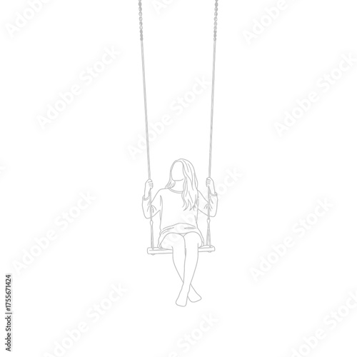 A line art illustration of a woman sitting on a swing, capturing a moment of peace, reflection, and freedom, isolated on white background simple and elegant design