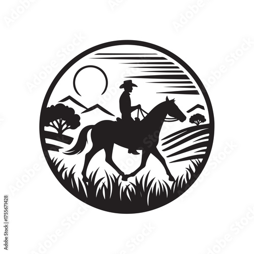 Vector illustration of a cowboy sketch riding a horse with a natural landscape background