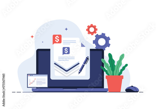 Digital invoice management and financial accounting system on a laptop.