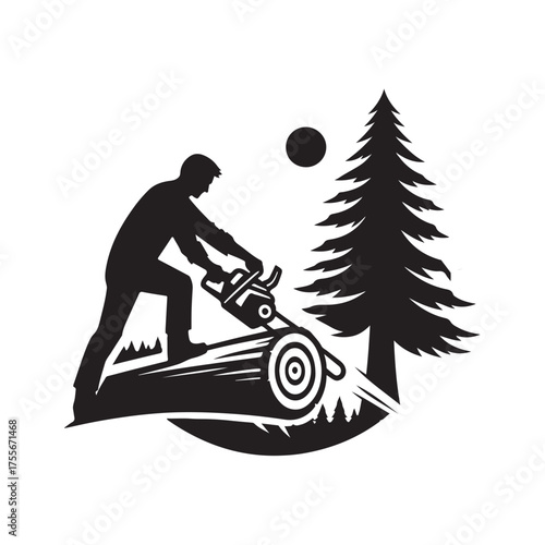 Cartoon vector illustration of a person chopping wood in the middle of the forest in a cool style
