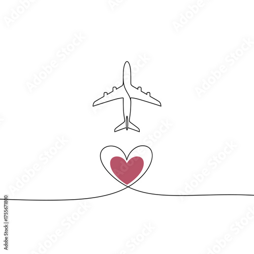 A continuous line drawing of an airplane flying over a heart, isolated on white background a symbol of love for travel and adventure around the world
