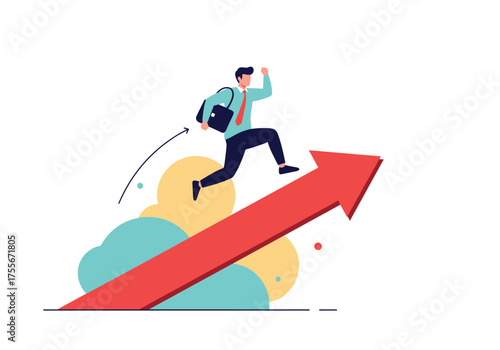 A determined businessman leaps forward on an upward trending red arrow signifying progress.