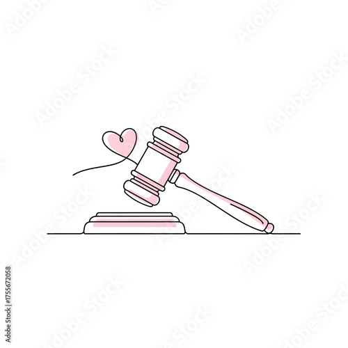 A minimalist line art illustration of a gavel with a heart shape, isolated on white background, symbolizing love and justice in legal matters